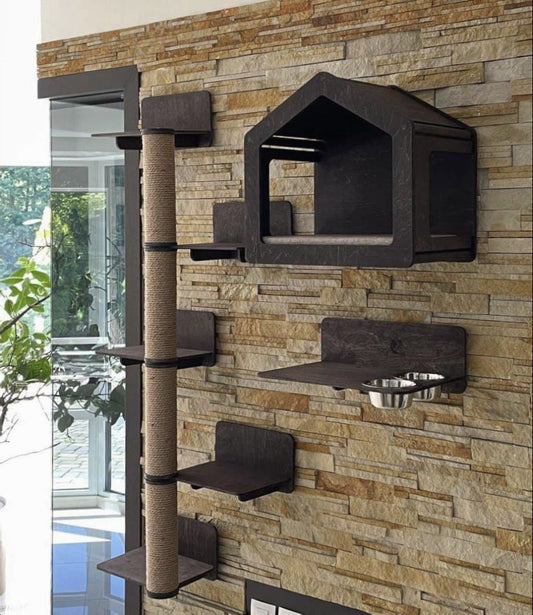 Cat House Set for Cats Modern Cat Furniture Gift for Cat Lover Large Cat Bed Wooden Cat Shelf Cat Wall Tree Modern Wall Decor Cat Gift