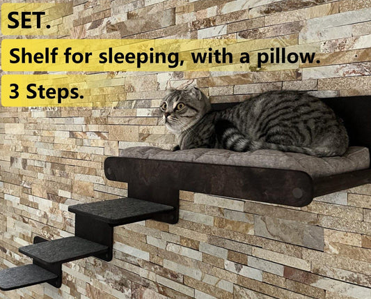 Set for Cats Modern Cat Shelf with Cat Pillow with 3 Cat Steps Cat Wall Shelves Cat Furniture Gift for Cat Personalized Cat Bed Cat Gift